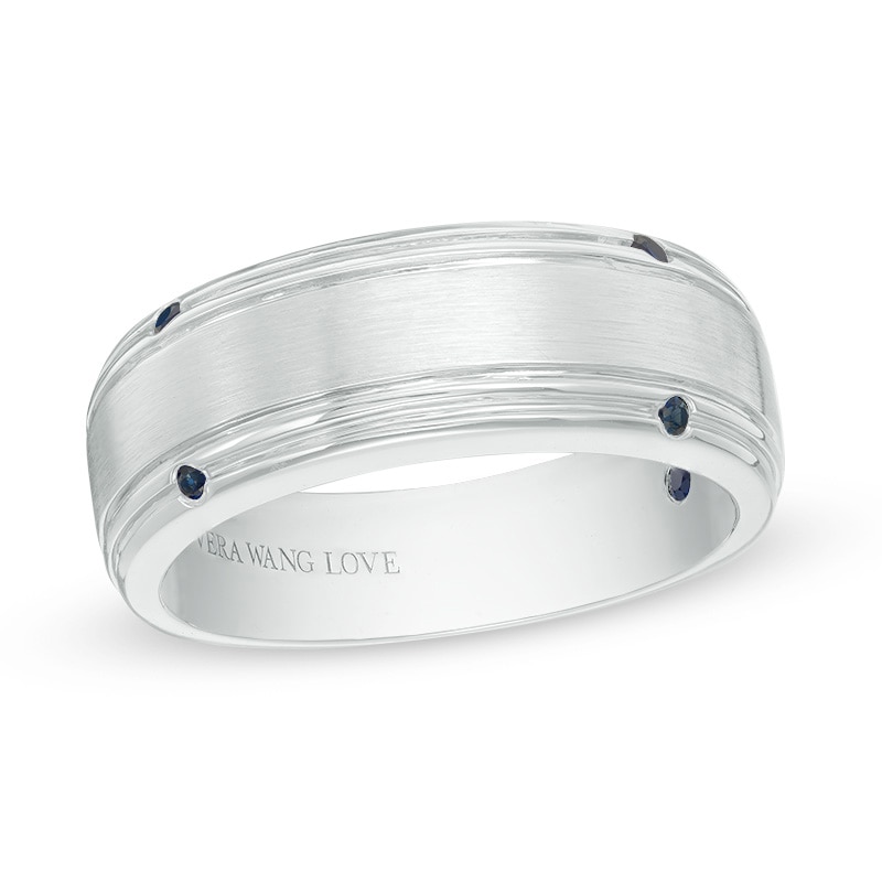Main Image 1 of Previously Owned - Vera Wang Men's Blue Sapphire Four Stone Wedding Band in 14K White Gold