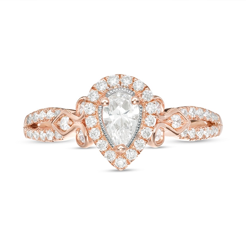 Main Image 5 of Previously Owned - 1/2 CT. T.W. Pear-Shaped Diamond Frame Tri-Sides Vintage-Style Engagement Ring in 14K Rose Gold