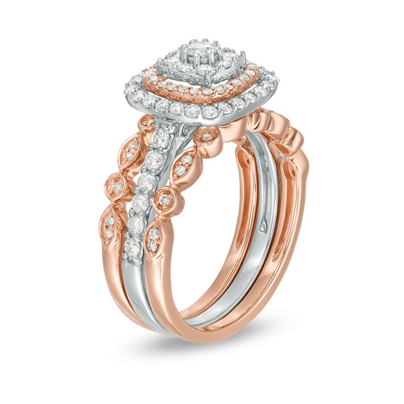 Main Image 2 of Previously Owned - 7/8 CT. T.W. Composite Diamond Vintage-Style Three Piece Bridal Set in 14K Two-Tone Gold
