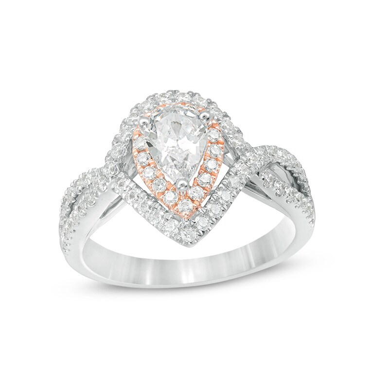 Main Image 1 of Previously Owned - 1 CT. T.W. Pear-Shaped Diamond Double Frame Crossover Engagement Ring in 14K Two-Tone Gold