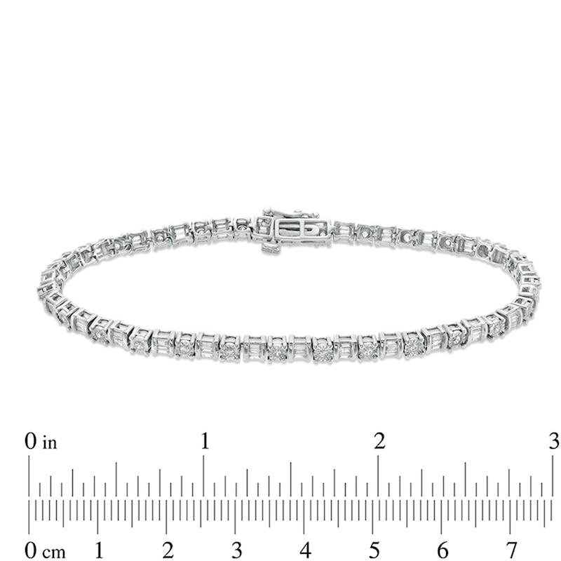 Main Image 4 of Previously Owned - 1 CT. T.W. Baguette and Round Diamond Tennis Bracelet in 10K White Gold