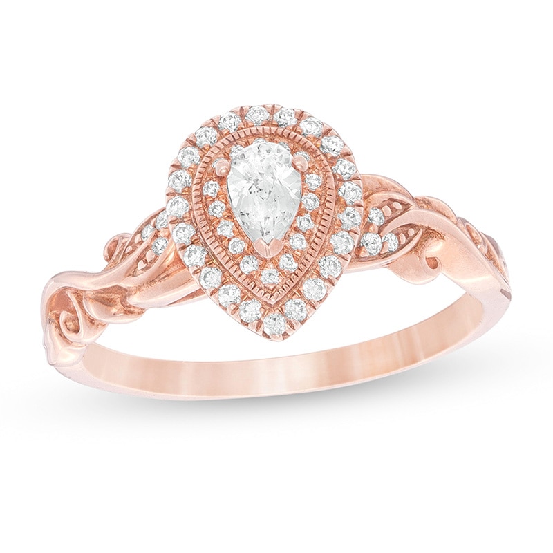 Previously Owned - 1/3 CT. T.W. Pear-Shaped Diamond Double Frame Vintage-Style Engagement Ring in 14K Rose Gold