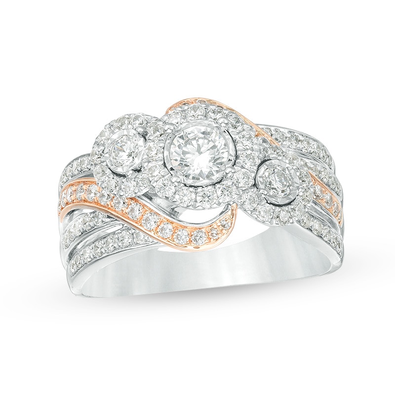 Previously Owned - 1 CT. T.W. Diamond Past Present Future® Frame Multi-Row Engagement Ring in 10K Two-Tone Gold