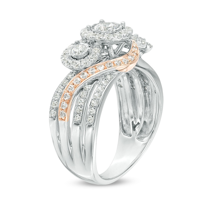 Previously Owned - 1 CT. T.W. Diamond Past Present Future® Frame Multi-Row Engagement Ring in 10K Two-Tone Gold