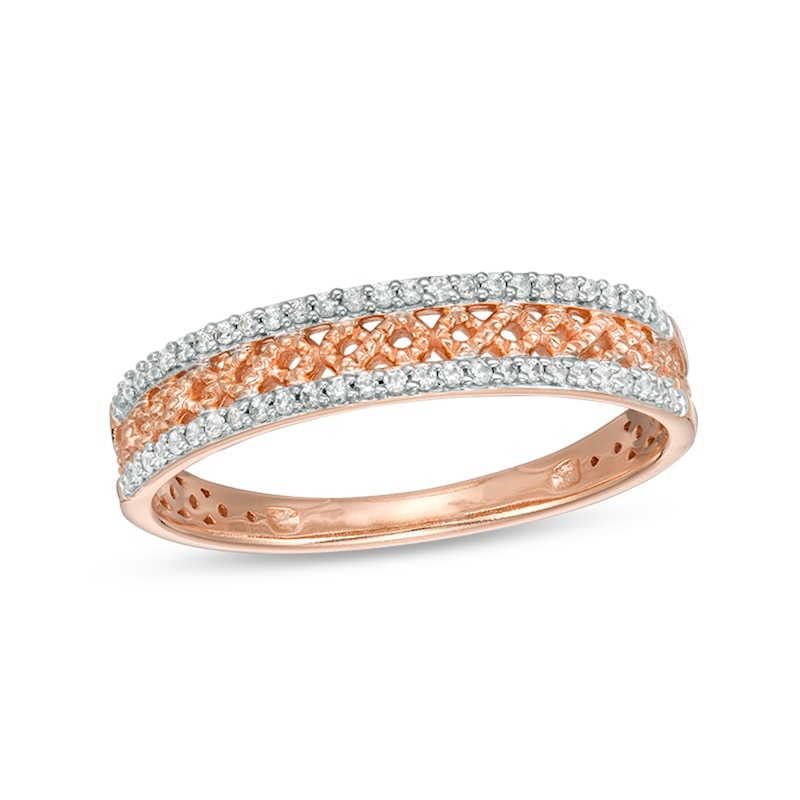 Main Image 1 of Previously Owned - 1/15 CT. T.W. Diamond Criss-Cross Vintage-Style Anniversary Band in 10K Rose Gold