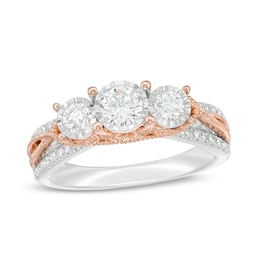 Previously Owned - 3/4 CT. T.W. Diamond Past Present Future® Vintage-Style Engagement Ring in 14K Two-Tone Gold