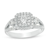 Thumbnail Image 1 of Previously Owned - 1 CT. T.W. Diamond Past Present Future® Double Cushion Frame Engagement Ring in 14K Two-Tone Gold