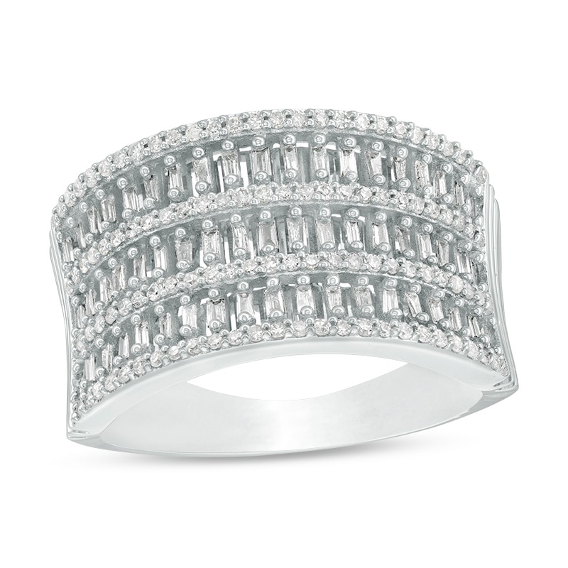 Main Image 1 of Previously Owned - 1/2 CT. T.W. Baguette and Round Diamond Multi-Row Anniversary Ring in 10K White Gold