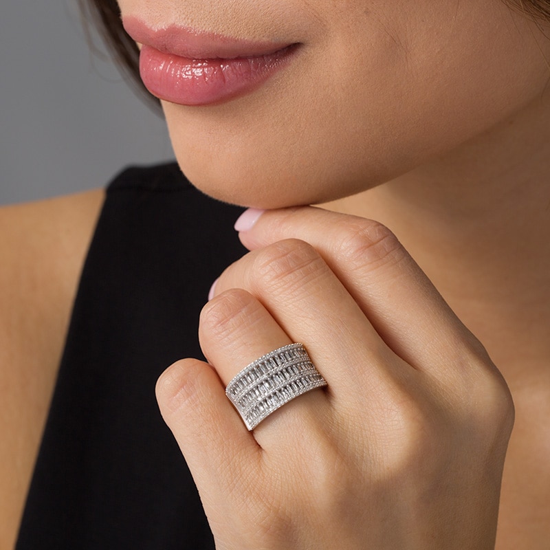 Main Image 2 of Previously Owned - 1/2 CT. T.W. Baguette and Round Diamond Multi-Row Anniversary Ring in 10K White Gold