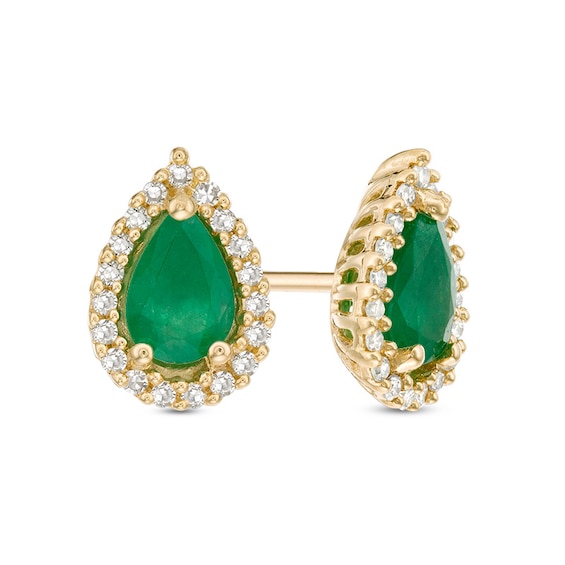Previously Owned - Pear-Shaped Emerald and 1/8 CT. T.W. Diamond Frame Stud Earrings in 10K Gold Previously Owned - Pear-Shaped Emerald and 1/8 CT. T.W. Diamond Frame Stud Earrings in 10K Gold