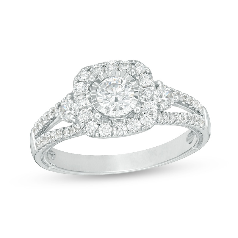 Main Image 1 of Previously Owned - 1 CT. T.W. Composite Diamond Cushion Frame Vintage-Style Engagement Ring in 10K White Gold