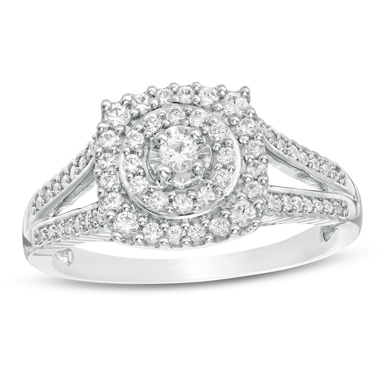 Main Image 1 of Previously Owned - 1/2 CT. T.W. Diamond Cushion Frame Split Shank Ring in 10K White Gold