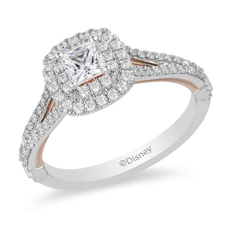 Previously Owned - Enchanted Disney Belle 3/4 CT. T.W. Princess-Cut Diamond Double Frame Rose Ring in 14K Two-Tone Gold