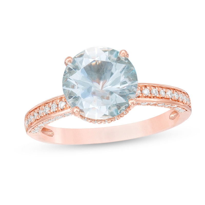 Previously Owned - 9.0mm Aquamarine and 1/2 CT. T.W. Diamond Engagement Ring in 14K Rose Gold