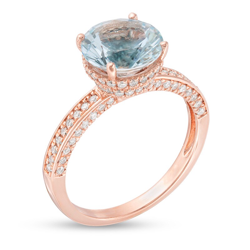 Previously Owned - 9.0mm Aquamarine and 1/2 CT. T.W. Diamond Engagement Ring in 14K Rose Gold