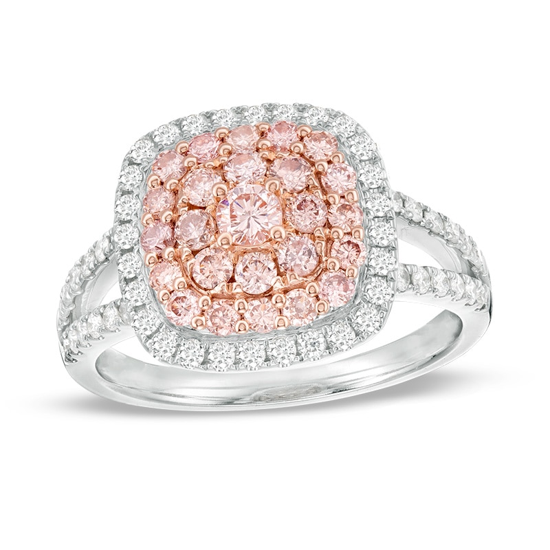 Main Image 1 of Previously Owned - 1 CT. T.W. Pink and White Diamond Triple Cushion Frame Ring in 14K Two-Tone Gold (Fancy/I2)