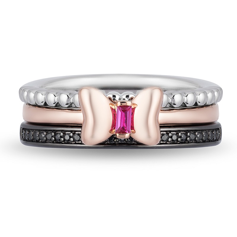 Main Image 3 of Previously Owned - Mickey Mouse & Minnie Mouse Garnet and Diamond Band Set in Sterling Silver and 10K Rose Gold