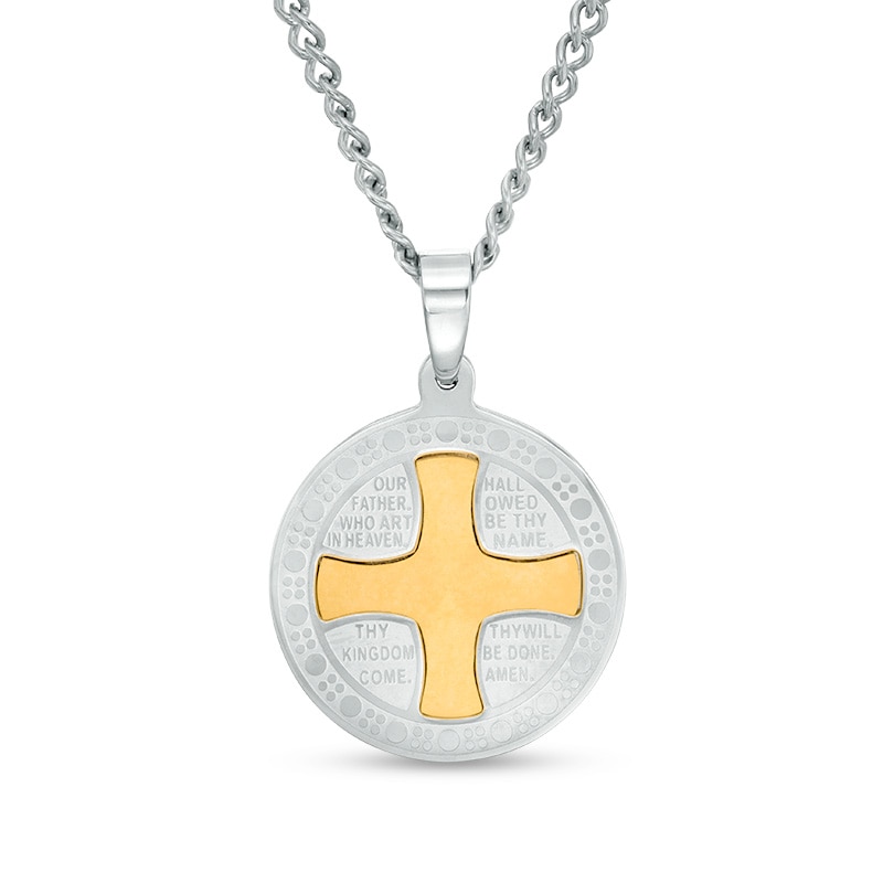 Main Image 1 of Previously Owned - Men's Multi-Finish Lord's Prayer and Cross Medallion Pendant in Stainless Steel and Yellow IP - 24"
