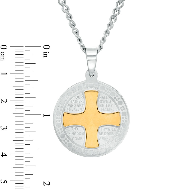 Main Image 2 of Previously Owned - Men's Multi-Finish Lord's Prayer and Cross Medallion Pendant in Stainless Steel and Yellow IP - 24"