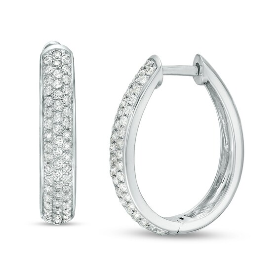 Previously Owned - 1 CT. T.W. Diamond Three Row Oval Hoop Earrings in 10K White Gold Previously Owned - 1 CT. T.W. Diamond Three Row Oval Hoop Earrings in 10K White Gold