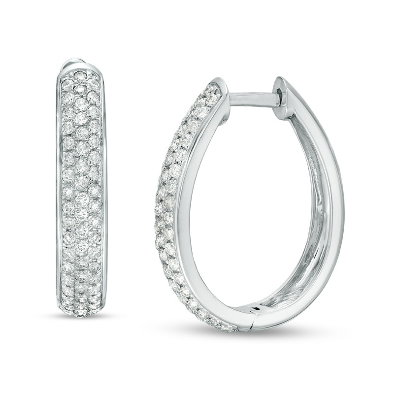 Previously Owned - 1 CT. T.W. Diamond Three Row Oval Hoop Earrings in 10K White Gold