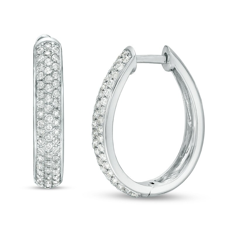 Main Image 1 of Previously Owned - 1 CT. T.W. Diamond Three Row Oval Hoop Earrings in 10K White Gold