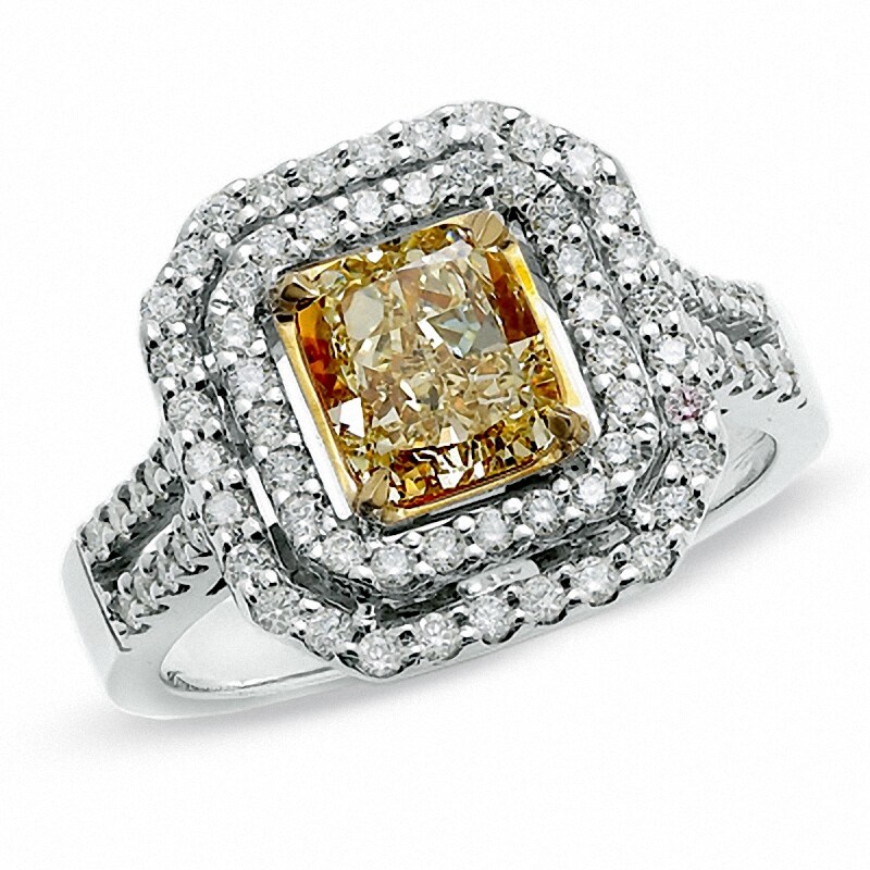 Main Image 1 of Previously Owned - 2 CT. T.W. Fancy Yellow Diamond Double Framed Ring in 18K Two-Tone Gold