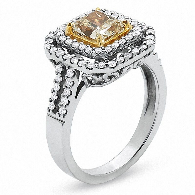 Main Image 2 of Previously Owned - 2 CT. T.W. Fancy Yellow Diamond Double Framed Ring in 18K Two-Tone Gold