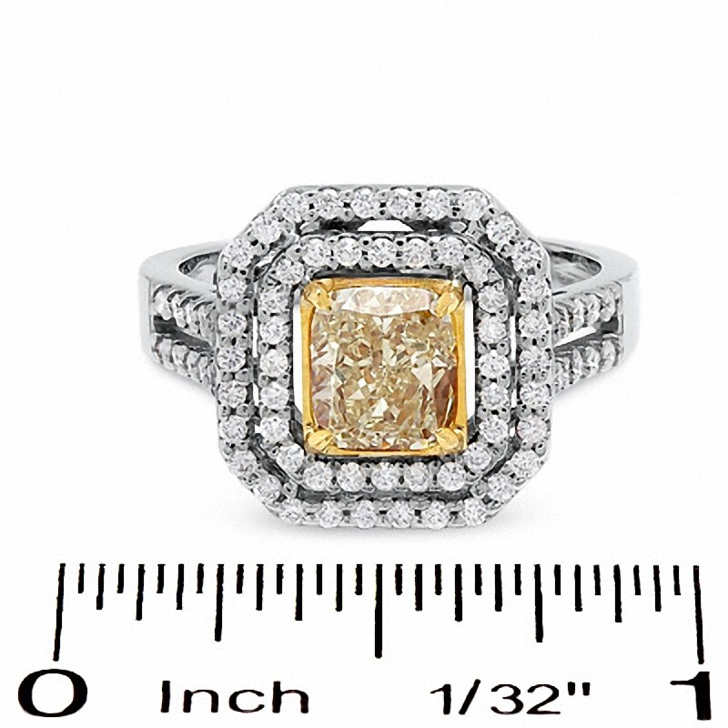Main Image 3 of Previously Owned - 2 CT. T.W. Fancy Yellow Diamond Double Framed Ring in 18K Two-Tone Gold