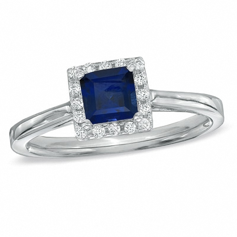 Main Image 1 of Previously Owned - Princess-Cut Lab-Created Blue Sapphire and 1/7 CT. T.W. Diamond Engagement Ring in 10K White Gold