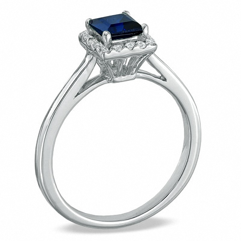 Main Image 2 of Previously Owned - Princess-Cut Lab-Created Blue Sapphire and 1/7 CT. T.W. Diamond Engagement Ring in 10K White Gold