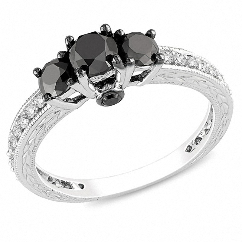 Main Image 1 of Previously Owned - 1-1/4 CT. T.W. Enhanced Black and White Diamond Three Stone Engagement Ring in 10K White Gold