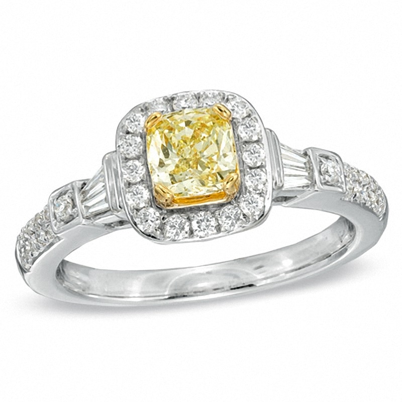 Previously Owned - 1 CT. T.W. Cushion-Cut Yellow Diamond Frame Engagement Ring in 18K White Gold (P/SI2)