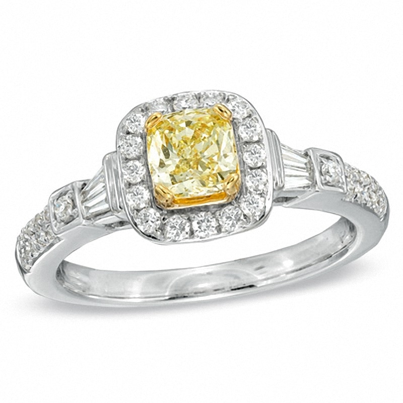 Main Image 1 of Previously Owned - 1 CT. T.W. Cushion-Cut Yellow Diamond Frame Engagement Ring in 18K White Gold (P/SI2)