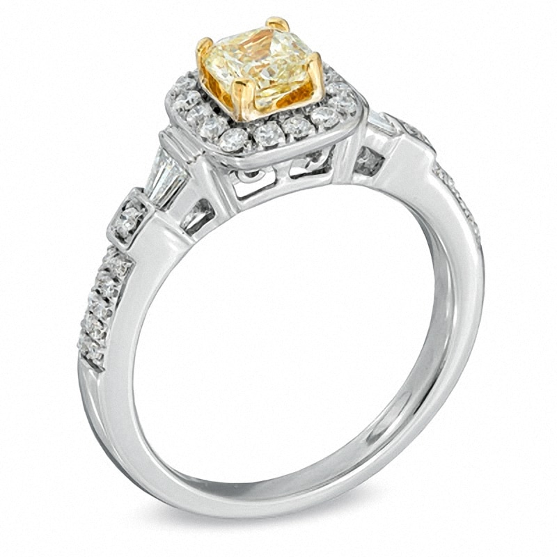 Main Image 2 of Previously Owned - 1 CT. T.W. Cushion-Cut Yellow Diamond Frame Engagement Ring in 18K White Gold (P/SI2)