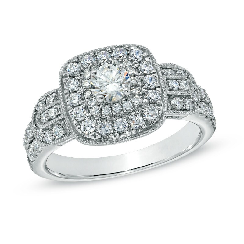 Main Image 1 of Previously Owned - Celebration Grand® 1 CT. T.W. Diamond Frame Vintage-Style Engagement Ring in 14K White Gold (I/I1)