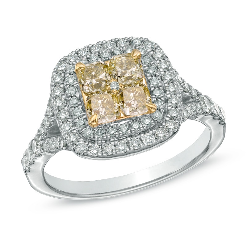 Previously Owned - 1-1/3 CT. T.W. Yellow and White Quad Diamond Double Frame Engagement Ring in 14K White Gold