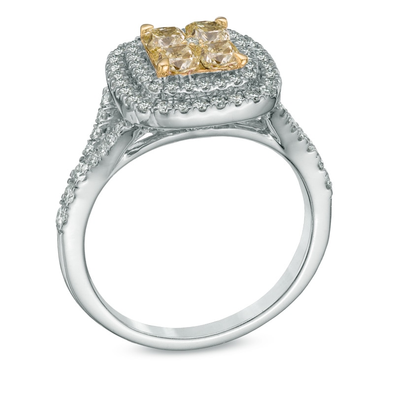 Previously Owned - 1-1/3 CT. T.W. Yellow and White Quad Diamond Double Frame Engagement Ring in 14K White Gold