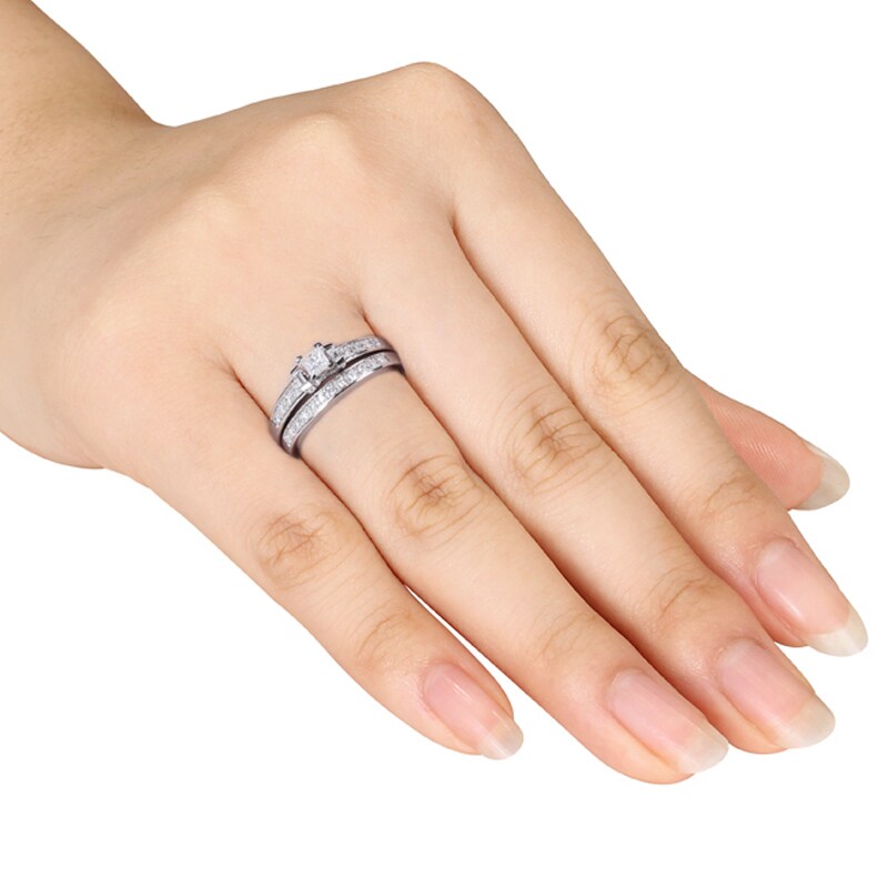 Main Image 3 of Previously Owned - 1/3 CT. T.W. Princess-Cut and Baguette Diamond Three Stone Bridal Set in Sterling Silver