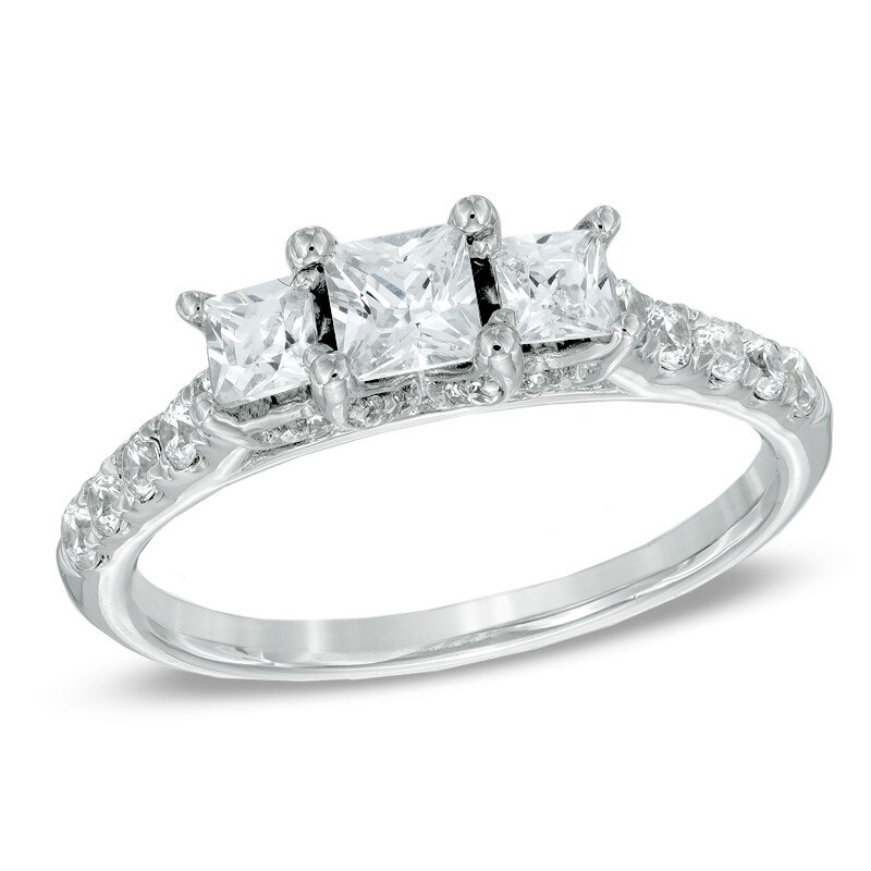 Previously Owned - 1 CT. T.W. Princess-Cut Diamond Past Present Future® Ring in 14K White Gold