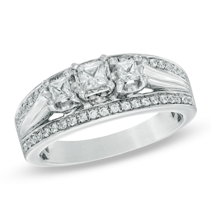 Main Image 1 of Previously Owned - 1/2 CT. T.W. Princess-Cut Diamond Edge Three Stone Band in 10K White Gold