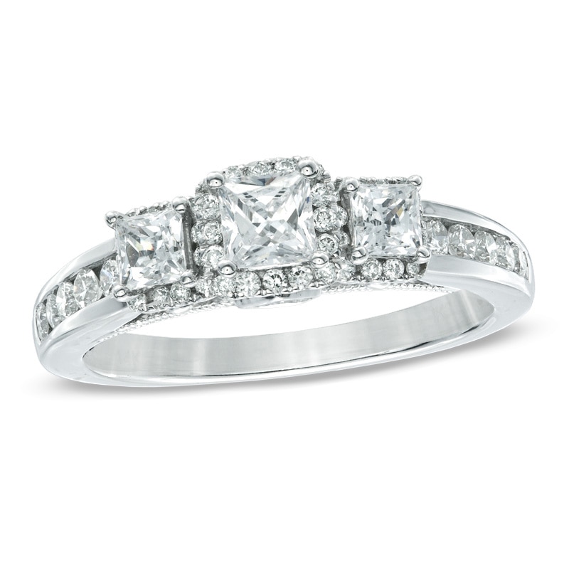 Previously Owned - Celebration Ideal 1-1/5 CT. T.W. Princess-Cut Diamond Three Stone Ring in 14K White Gold (I/I1)
