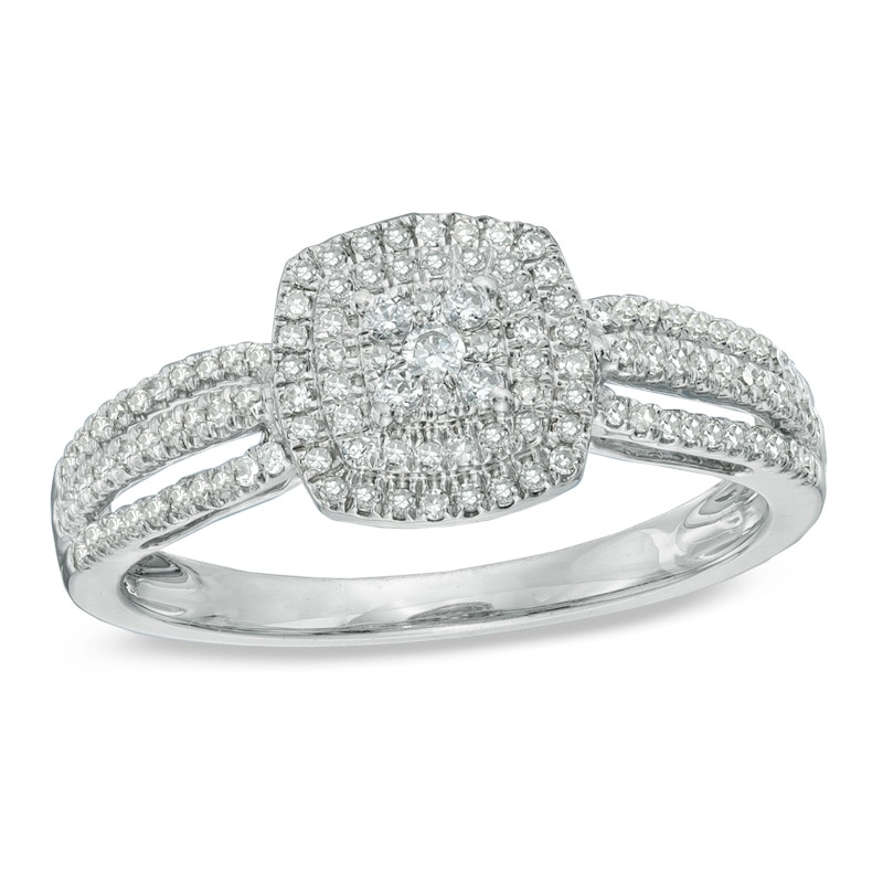 Main Image 1 of Previously Owned - 1/3 CT. T.W. Multi-Diamond Double Frame Split Shank Engagement Ring in 10K White Gold