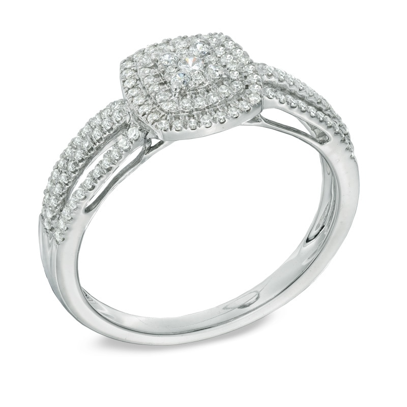 Main Image 2 of Previously Owned - 1/3 CT. T.W. Multi-Diamond Double Frame Split Shank Engagement Ring in 10K White Gold