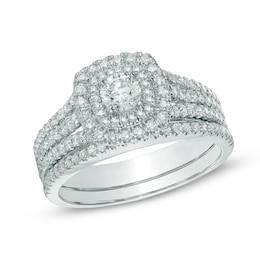 Previously Owned - 1 CT. T.W. Diamond Double Frame Bridal Set in 14K White Gold