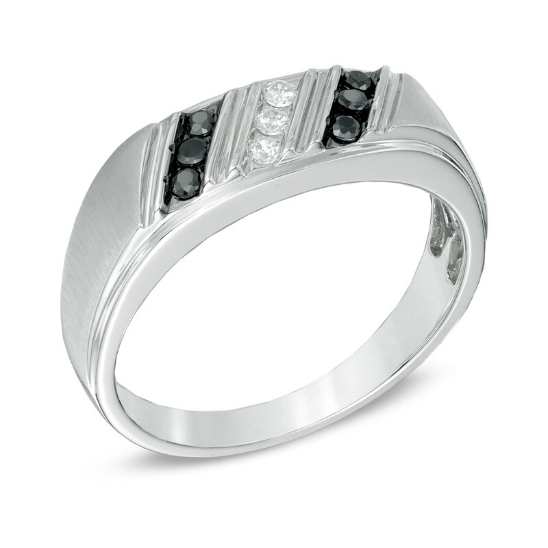 Main Image 2 of Previously Owned - 1/4 CT. T.W. Enhanced Black and White Diamond Slant Ring in Sterling Silver