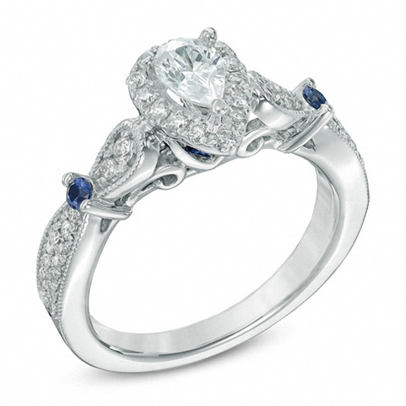 Main Image 2 of Previously Owned - Vera Wang Love Collection 5/8 CT. T.W. Pear-Shaped Diamond and Sapphire Ring in 14K White Gold