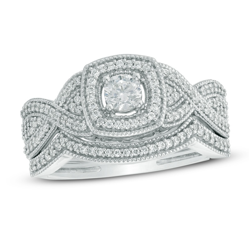 Main Image 1 of Previously Owned - 1/2 CT. T.W. Diamond Square Frame Twist Shank Bridal Set In 10K White Gold