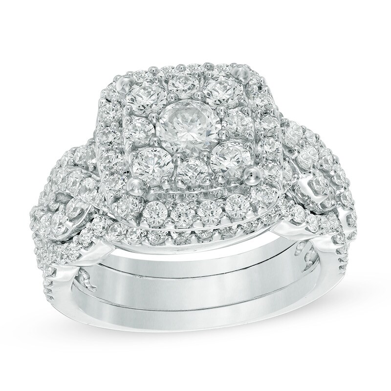 Main Image 1 of Previously Owned - 2 CT. T.W. Diamond Cushion Frame Three Piece Bridal Set in 14K White Gold