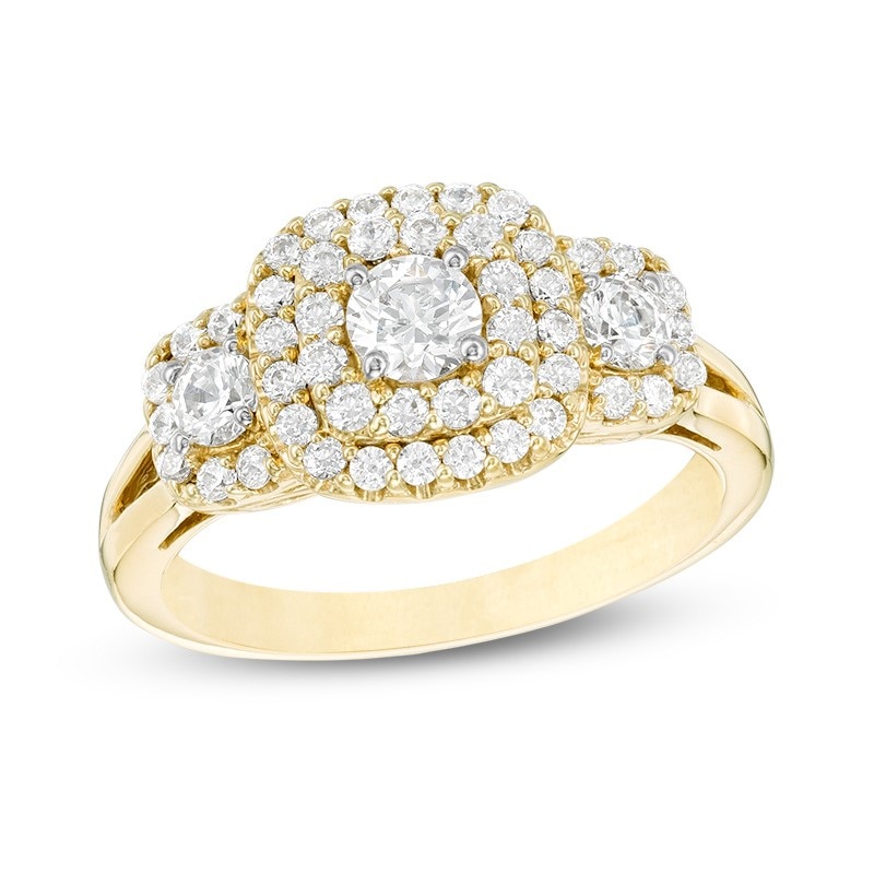 Main Image 1 of Previously Owned - 1 CT. T.W. Diamond Past Present Future® Double Cushion Frame Engagement Ring in 10K Gold